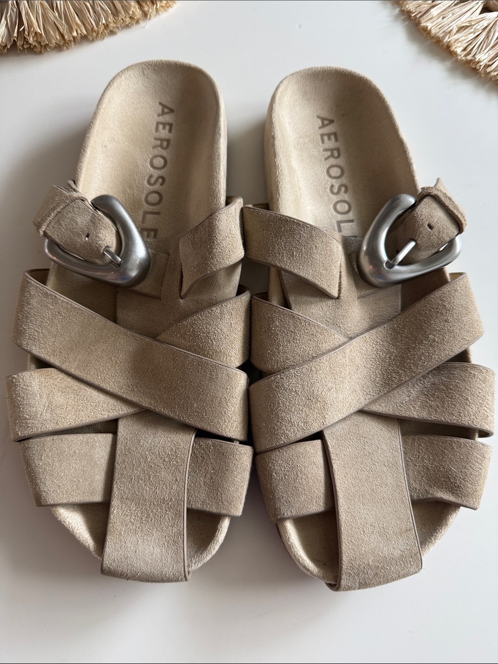 AEROSOLES Tan Suede Woven Slide Mules with Silver Buckle